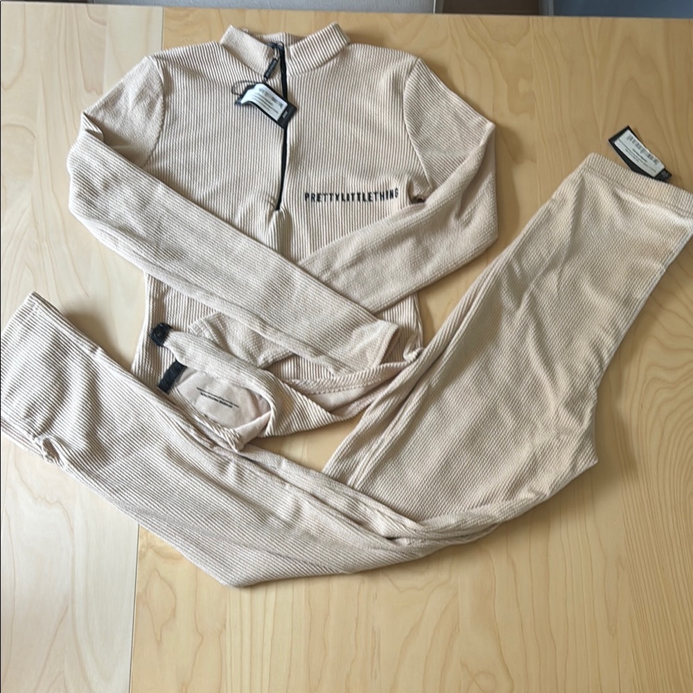 PrettyLittleThing Ribbed Beige Loungewear Set